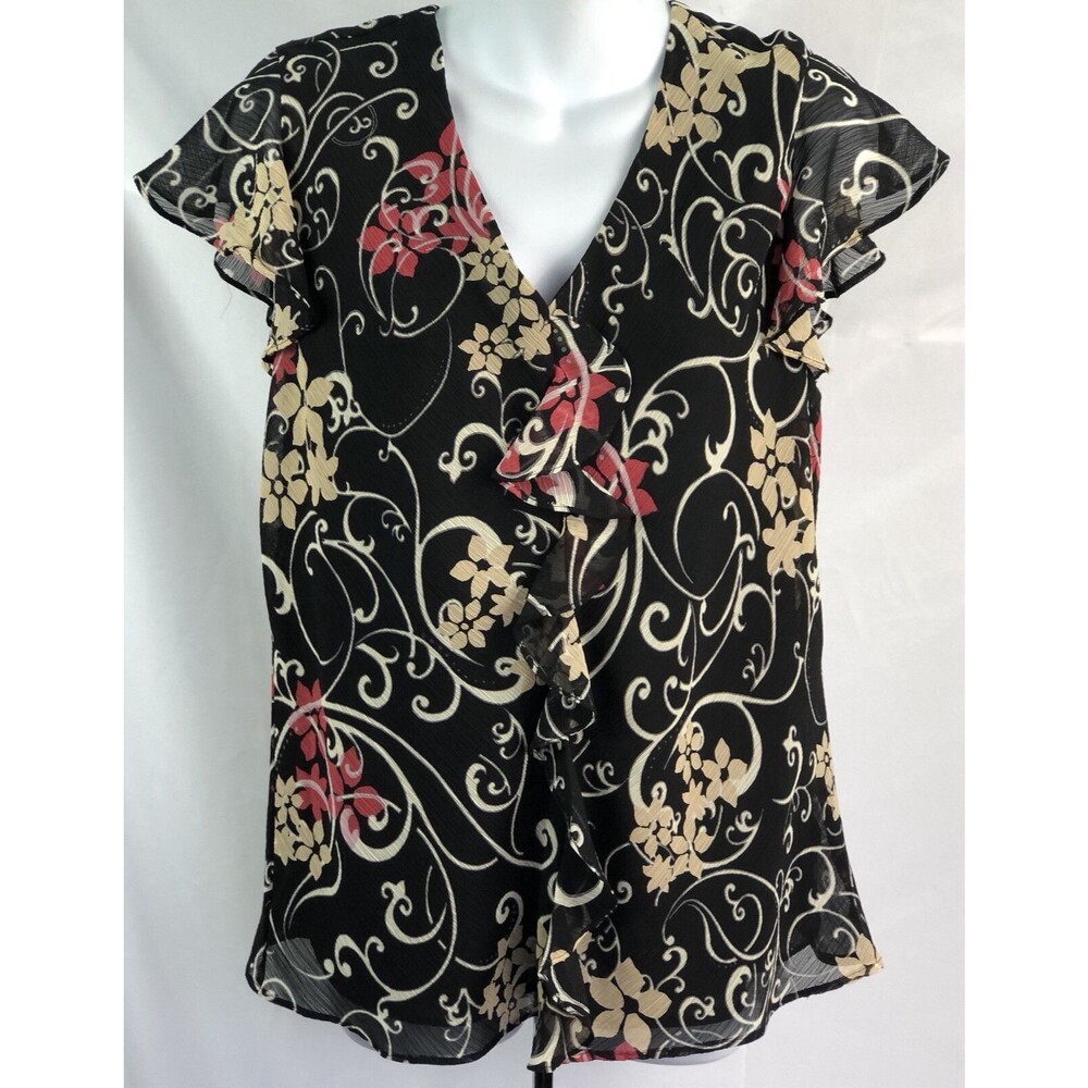 Vintage Top 14 blk/red floral Flutter sleeve ruffles Fairy whimsigoth boho